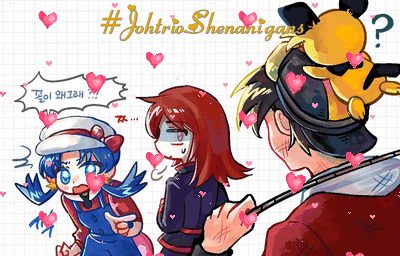 Boy And Two Girls With Hearts And #Johtrioshenahigans GIF