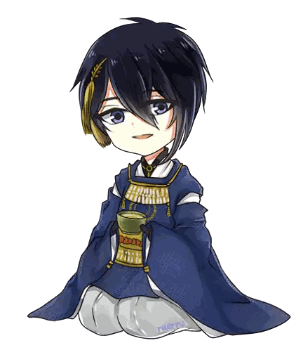 a drawing of a boy in a blue kimono holding a cup with the name yaerhu written on the bottom