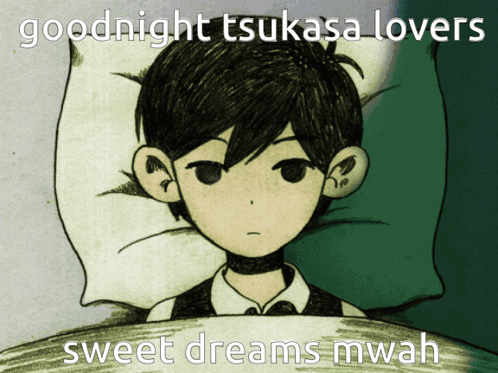 A Drawing Of A Boy Laying In Bed With The Words Goodnight Tsukasa Lovers Sweet Dreams Mwah On The Bottom GIF