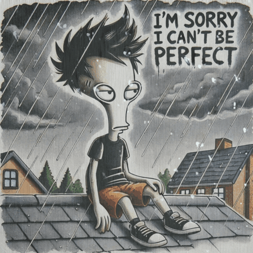 A Drawing Of A Boy Sitting On A Roof With The Words I 'M Sorry GIF