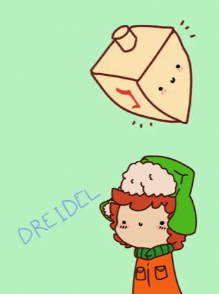 A Drawing Of A Boy Wearing A Green Hat With The Word Dreidel Below Him GIF