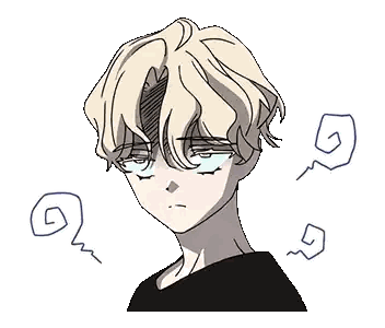 a drawing of a boy with blonde hair making a funny face with his eyes closed .