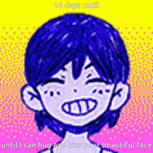 A Drawing Of A Boy With Blue Hair And A Caption That Says 14 Days Until I Can Hug And Kiss Your Beautiful Face GIF