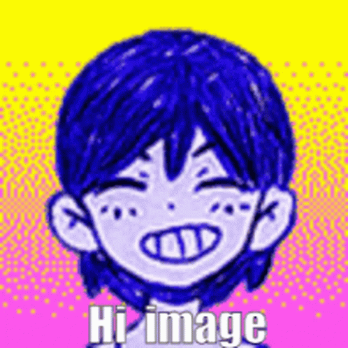 A Drawing Of A Boy With Blue Hair And The Words `` Hi Image '' Written On It . GIF