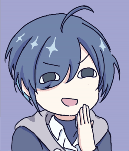 a drawing of a boy with blue hair making a face