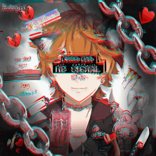 A Drawing Of A Boy With Chains Around His Head And The Words " No Signal " On The Screen GIF