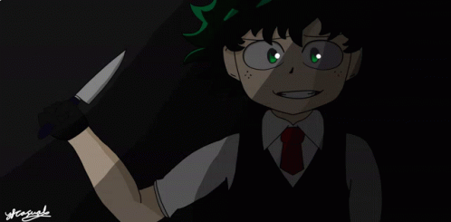 A Drawing Of A Boy With Green Hair Holding A Knife With A Signature On The Bottom Left GIF