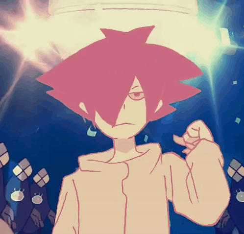 a drawing of a boy with pink hair and a white shirt