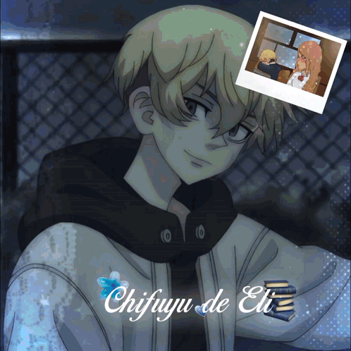 A Drawing Of A Boy With The Name Chifuyu De Eli On It GIF