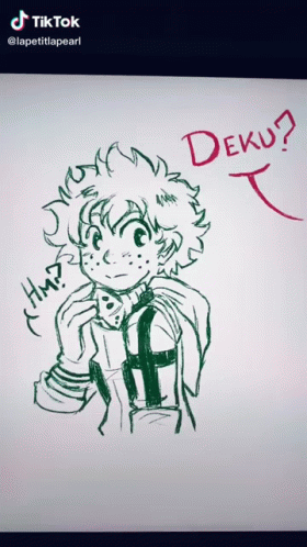 A Drawing Of A Boy With The Word Deku Written In Red GIF