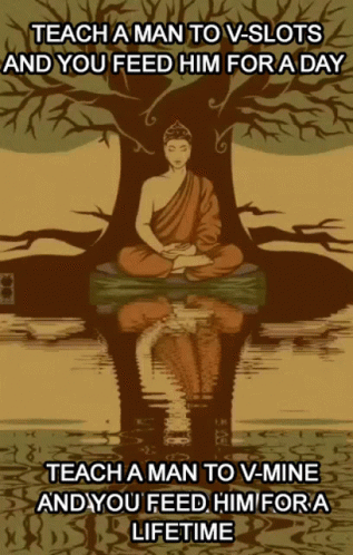 A Drawing Of A Buddha Sitting Under A Tree With The Words Teach A Man To V-Slots GIF