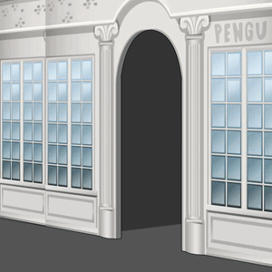 A Drawing Of A Building With A Sign That Says Penguin GIF