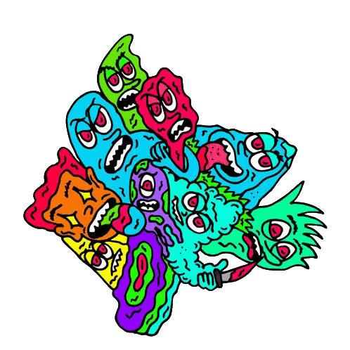 a drawing of a bunch of colorful monsters with angry faces