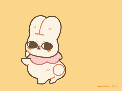 A Drawing Of A Bunny With A Pink Scarf And The Words Moenie.coco Below It GIF