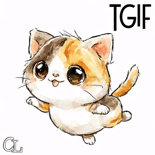 a drawing of a calico cat with the word tgif above it