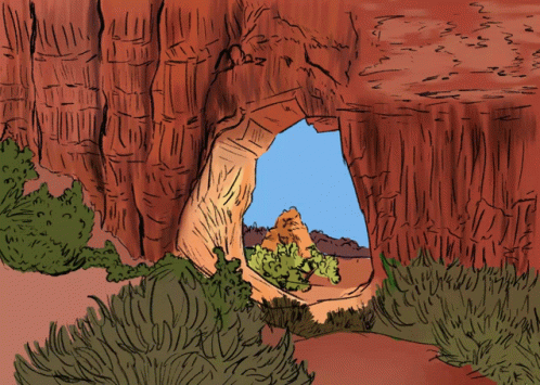 A Drawing Of A Canyon With A Blue Sky And Trees GIF