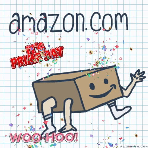 A Drawing Of A Cardboard Box With Arms And Legs Says It 'S Prime Day GIF