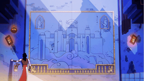 A Drawing Of A Castle With A Woman In A Red Dress In Front Of It GIF
