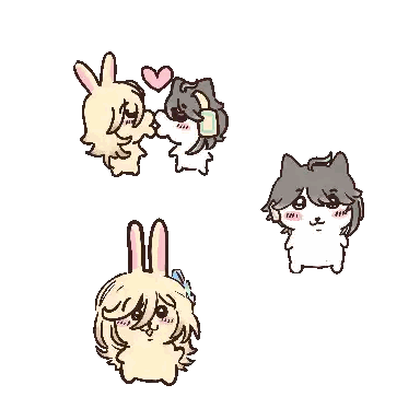a drawing of a cat and two rabbits with hearts on their faces