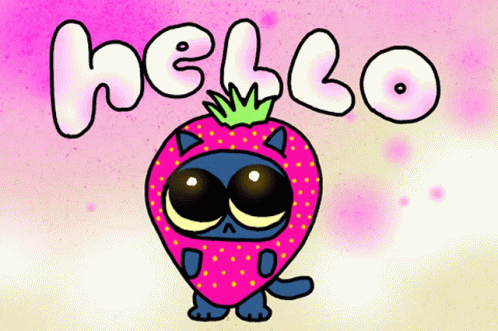 A Drawing Of A Cat Dressed As A Strawberry With The Word Hello Written Above It GIF