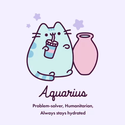 A Drawing Of A Cat Drinking From A Cup With The Word Aquarius On The Bottom GIF