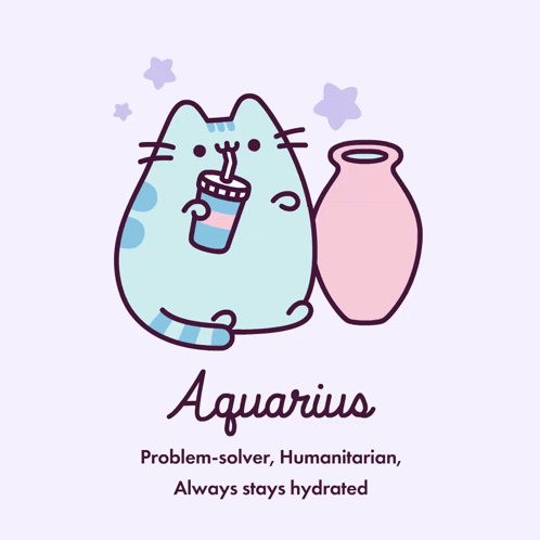 A Drawing Of A Cat Drinking From A Cup With The Word Aquarius Written Underneath It GIF