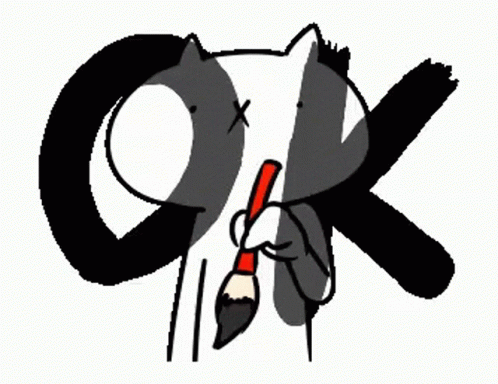 A Drawing Of A Cat Holding A Brush In Front Of The Word Ok GIF
