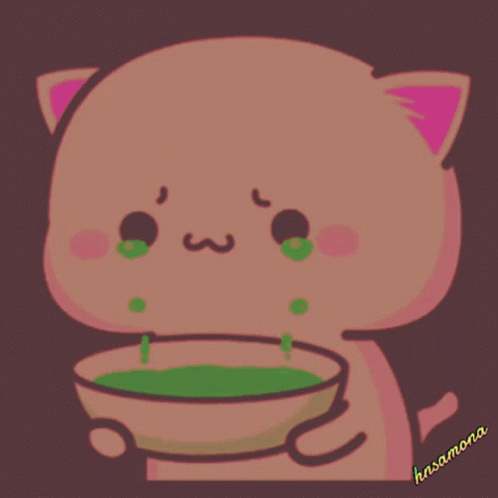 A Drawing Of A Cat Holding A Cup Of Green Tea With The Name Hnsama On The Bottom GIF