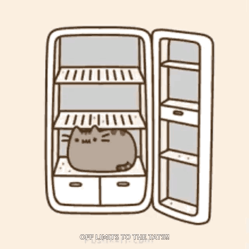 A Drawing Of A Cat In An Empty Refrigerator With The Words Off Limits To The Taters Written Below It GIF