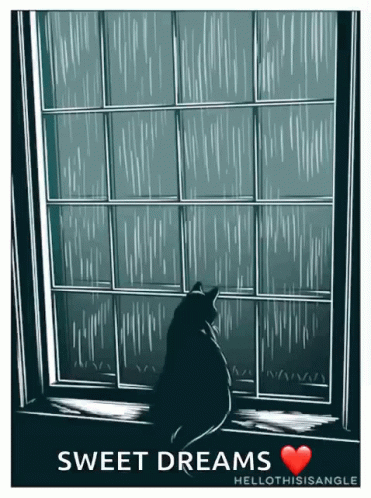 A Drawing Of A Cat Looking Out A Window With The Words Sweet Dreams Written Below It GIF