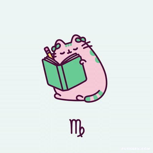 A Drawing Of A Cat Reading A Book With The Letter M On The Bottom GIF