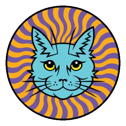 a drawing of a cat 's face in a circle with a purple and orange background