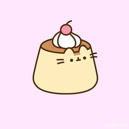 A Drawing Of A Cat Shaped Pudding With Whipped Cream And A Cherry On Top Of It GIF