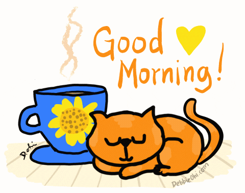 A Drawing Of A Cat Sleeping Next To A Cup Of Coffee That Says Good Morning On It GIF