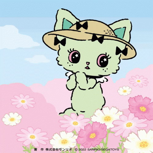 A Drawing Of A Cat Wearing A Hat Surrounded By Flowers GIF