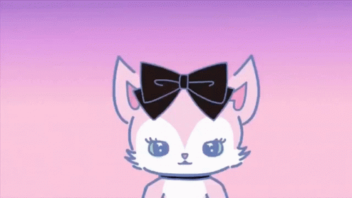 A Drawing Of A Cat With A Bow On Its Head And The Word Mia Written Below It GIF