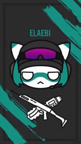 A Drawing Of A Cat With A Gun And The Name Elaebi On It GIF