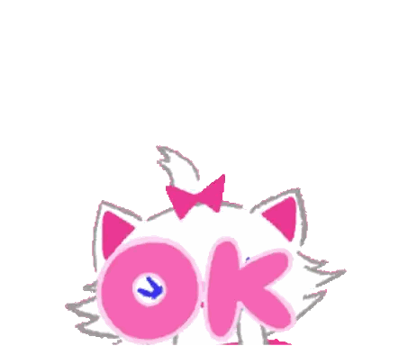 a drawing of a cat with a pink bow and the word ok