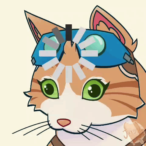 A Drawing Of A Cat With Green Eyes Wearing A Blue Goggles GIF