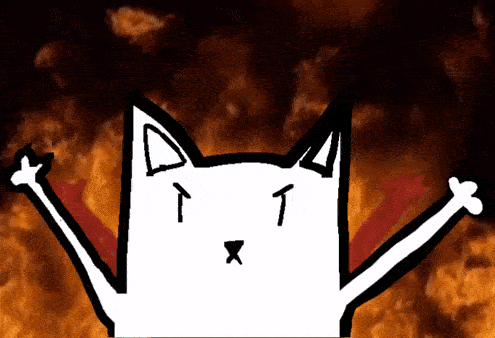A Drawing Of A Cat With Its Arms Outstretched Against A Fire Background GIF