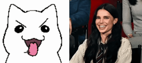 A Drawing Of A Cat With Its Tongue Out Next To A Picture Of A Smiling Woman GIF