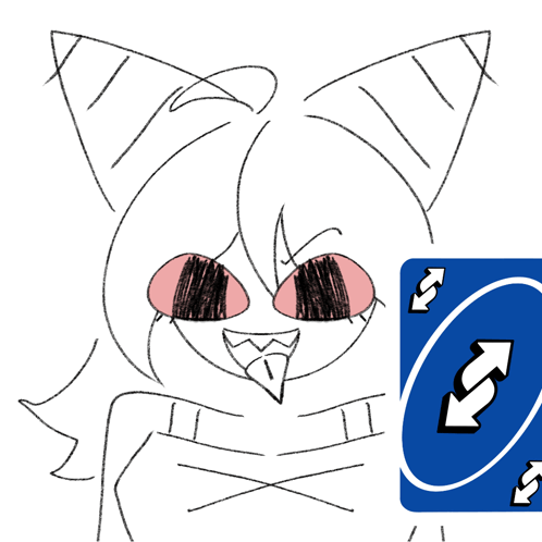 A Drawing Of A Cat With Red Eyes Next To A Blue Uno Card GIF
