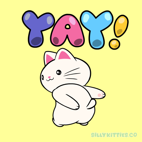 a drawing of a cat with the word yay written above it