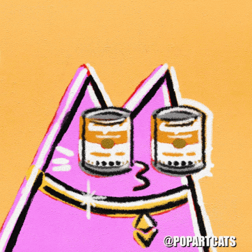 A Drawing Of A Cat With Two Cans Of Soup In Its Eyes GIF