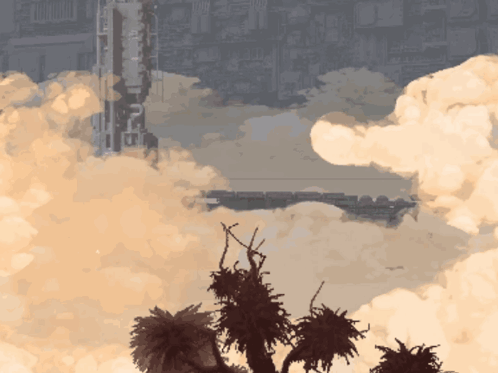 A Drawing Of A Cloudy Sky With A Building In The Background That Says ' A ' On It GIF