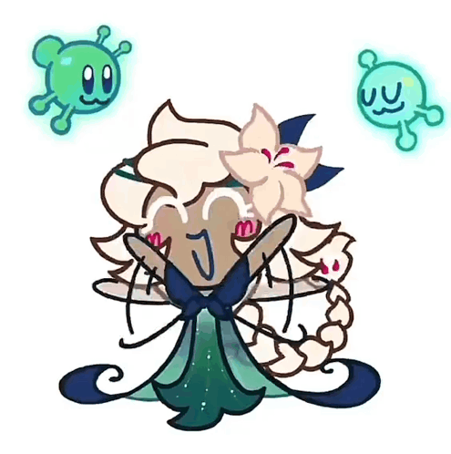 A Drawing Of A Cookie With A Flower In Her Hair And A Flower In Her Mouth GIF