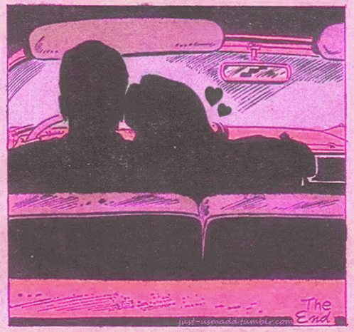 A Drawing Of A Couple Kissing In A Car With The Words " The End " On The Bottom Right GIF