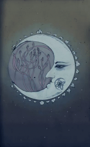 A Drawing Of A Crescent Moon With A Woman 'S Face Inside Of It GIF