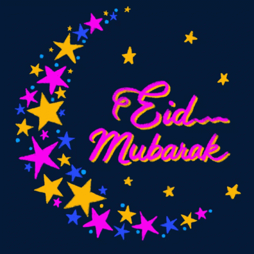 A Drawing Of A Crescent Moon With The Words ' Eid Mubarak ' On It GIF