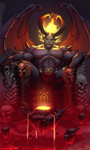 a drawing of a demon with horns and a skull belt
